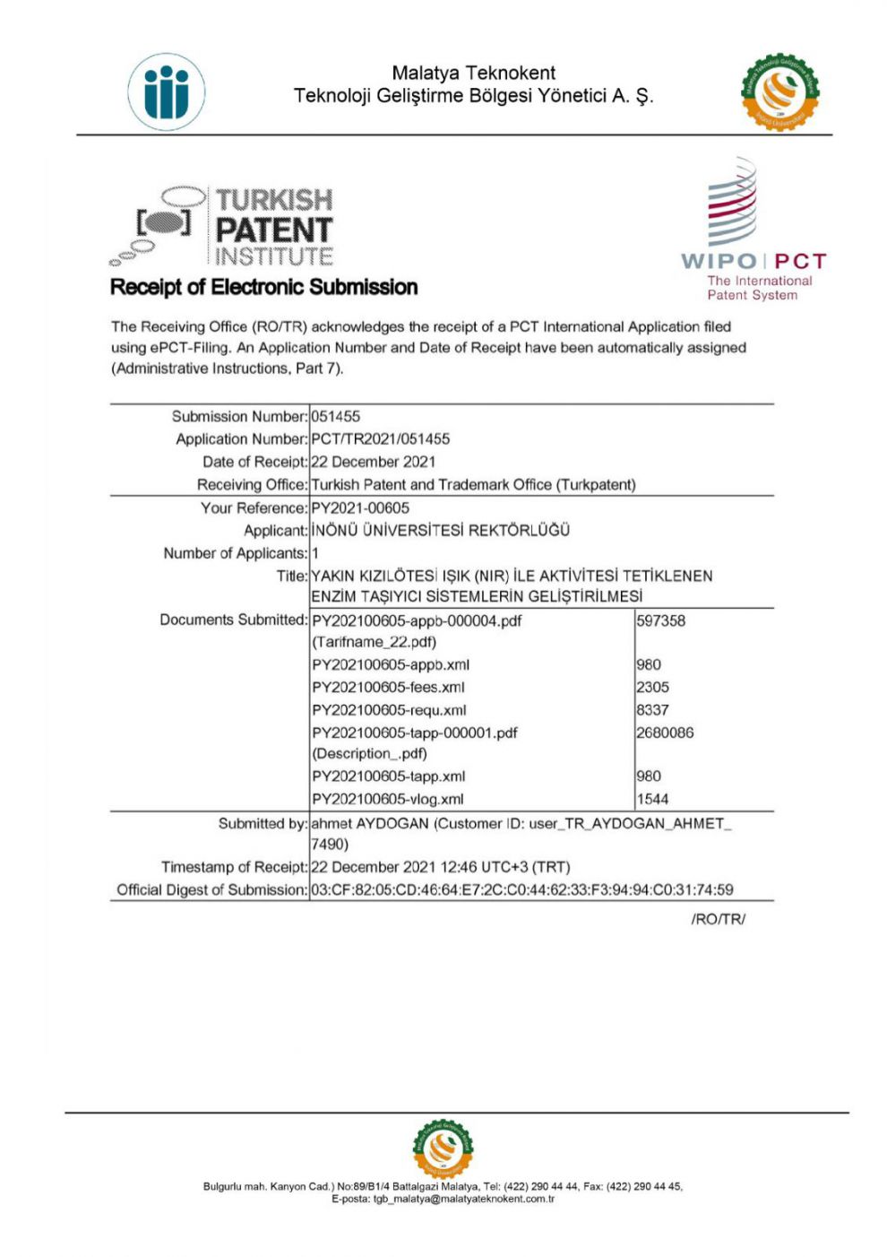 İnönü Üniversitesinin ilk uluslararası patent başvurusu yapıldı