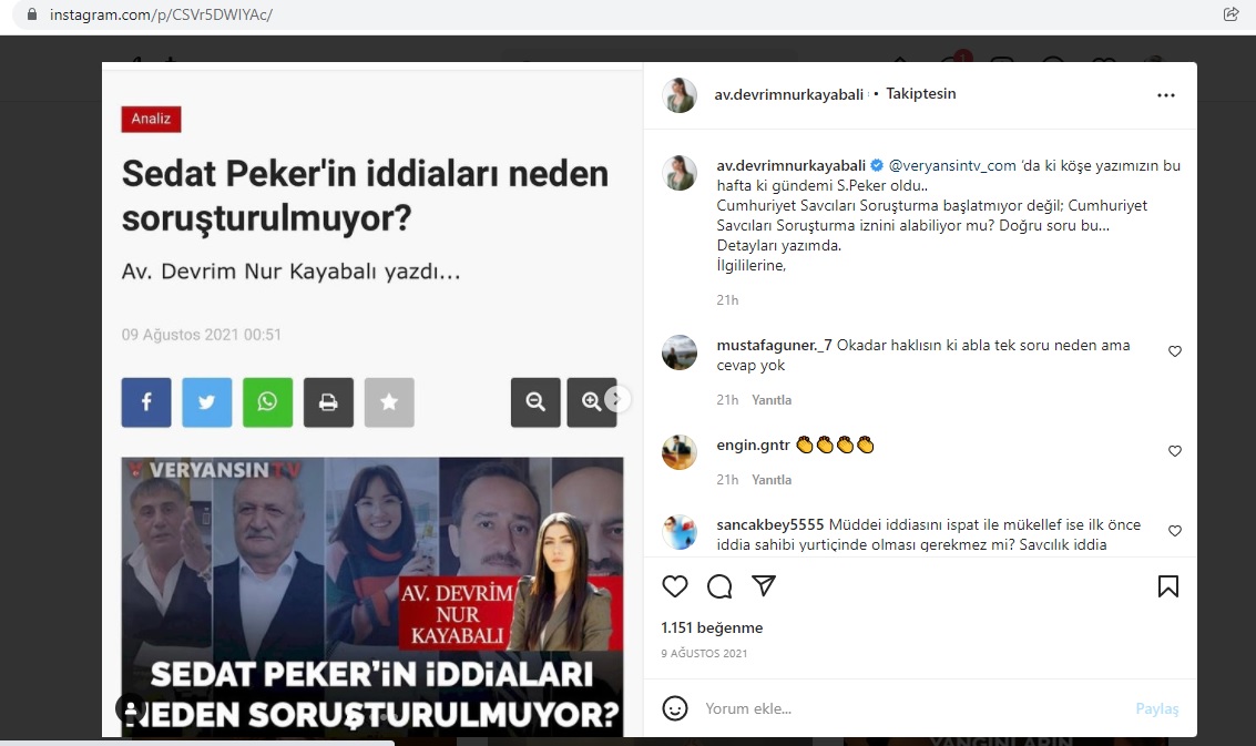 AK Parti Malatya Milletvekili Öznur Çalık’ın kız kardeşi Aysun Bay Karabulut’un avukatlığını yapan ve ciddi bir avukatlık ücreti aldığı ileri sürülen Devrim Nur Kayabalı’nın, suç örgütü lideri Sedat Peker’in iddialarından hareketle, İçişleri Bakanı Süleyman Soylu hakkında soruşturma başlatılmasını istediği ortaya çıktı.