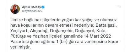 Malatya'da 8 ilçede kar tatili