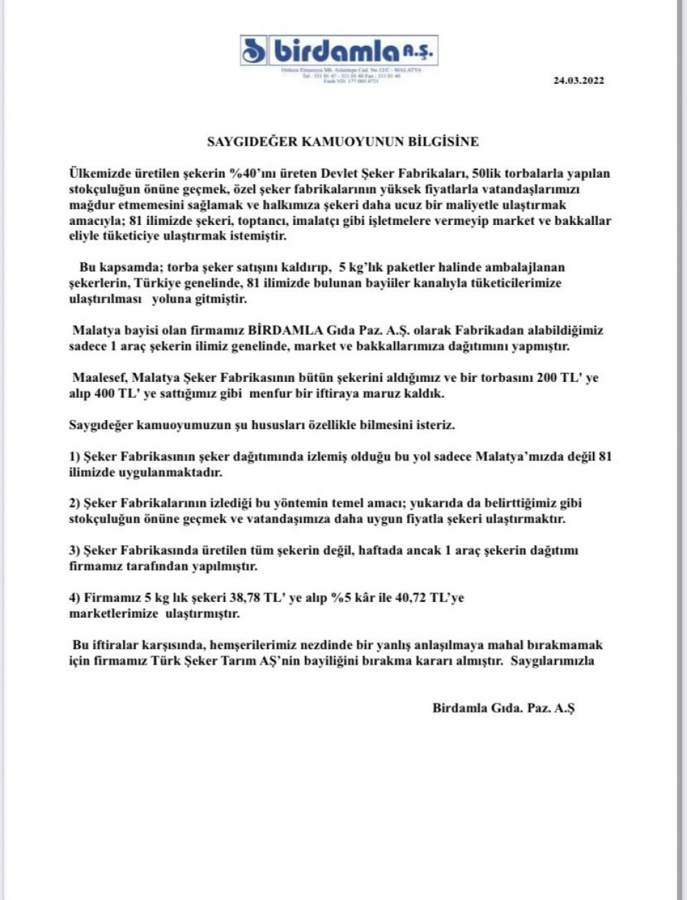 O şirket Malatya'da Türk Şeker bayiliğini bıraktı