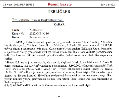 TEDAŞ binasının yanında karayolu cepheli iki arsa özelleştirme yoluyla aynı firmaya satıldı. Firma her iki arsa için 24 milyon 100 bin TL bedel ödeyecek.