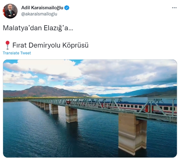 Ulaştırma ve Altyapı Bakanı Adil Karaismailoğlu, dünyanın üçüncü, Türkiye’nin ise  en uzun demiryolu köprüsü olan 2.030 metre uzunluğundaki Fırat Demiryolu köprüsüne ait videoyu paylaştı.