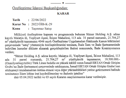 Özelleştirme İdaresi Başkanlığı’nın geçtiğimiz yıl satışa çıkardığı ve en yüksek bedel olarak verilen 4 milyon 995 bin TL tutarındaki teklif ile onayladığı, ancak daha sonra iptal edilen özelleştirme kapsamındaki TEDAŞ binasının yanındaki  21 bin 704 metrekare büyüklündeki arazi için düzenlenen son satış ihalesinde 1 yıl sonra 10 milyon 500 bin TL teklif verildi. Söz konusu teklif onaylandı.