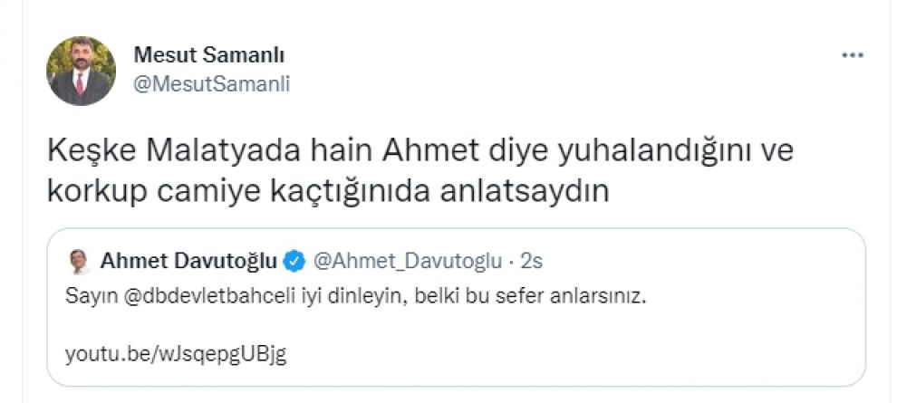 MHP İl Başkanı Samanlı’dan Davutoğlu’na “Malatya’da kaçtığını da anlatsaydın”