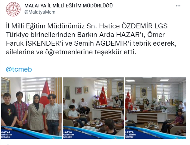 5 Haziran'da yapılan Liselere Geçiş Sistemi (LGS) sınavında 500 tam puan alan 193 öğrenciden 4'ünün Malatya'daki okullardan olduğunu açıklayan İl Milli Eğitim Müdürü Hatice Özdemir, başarılı 1 öğrencinin ardından 3 öğrenciyi makamında ağırlayarak, isimlerini kamuoyuyla paylaştı.