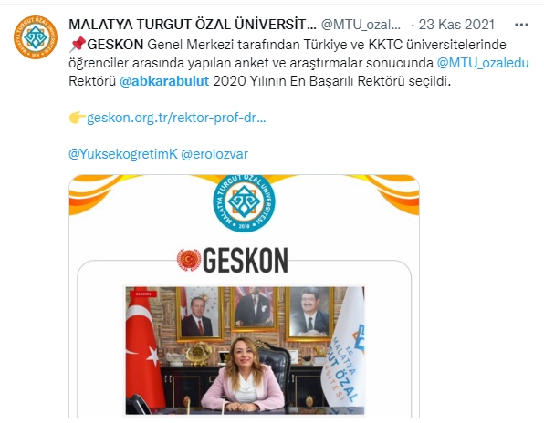 Malatya Turgut Özal Üniversitesi (MTÜ) Rektörü Aysun Bay Karabulut'un, bu göreve geldikten sonra mal varlığındaki aşırı artışla ilgili haberlerin gündeme gelmesinin ardından saatler içerisinde yaptığı organizasyonla, tanınmayan- bilinmeyen bir kuruluş tarafından, Türkiye ve KKTC'deki tüm üniversitelerin öğrencilerinin katıldığı oylamayla 'Yılın Rektörü' seçildiğine ilişkin ciddiyeti ve inandırıcılığı bulunmayan senaryoya karşın, rektörlerle ilgili 47 bin üniversite öğrencisine sorularak yapılan anketle başarılı rektörler belirlendi