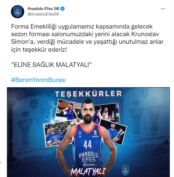 Anadolu Efes’in 44 forma numaralı “Malatyalı Simon” olarak tanınan sporcusu ve Malatya fahri hemşehrilik beratı verilen Krunoslav Simon emekli oldu ve forması Anadolu Efes’in salonuna asıldı.