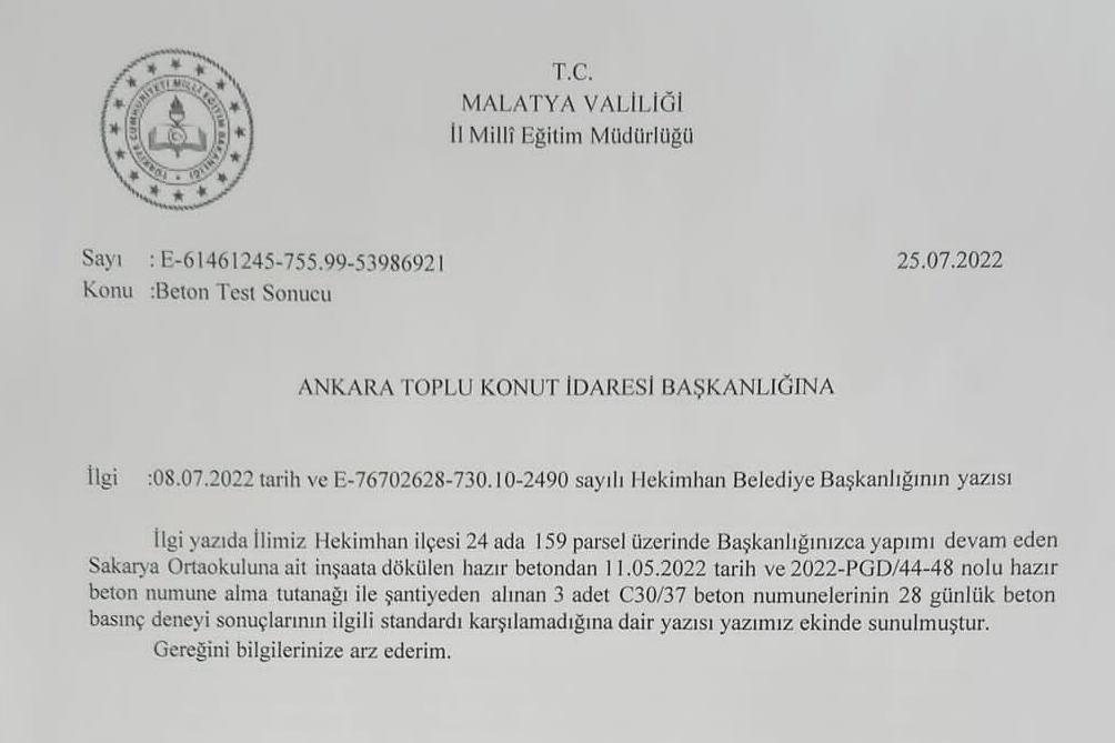 Hekimhan ilçesinde depremden dolayı yıkılarak yeniden yapılan Sakarya Ortakolu binası daha hizmete girmeden güçlendirme yapıldığı ve güçlendirmede kullanılan betonunda çürük olduğu ortaya çıktı. Daha önce kamuoyuna okul binasının çürük olduğu yansımıştı. Meğer çürük yapılan binanın güçlendirmesi içinde kullanılan betonda çürükmüş. 