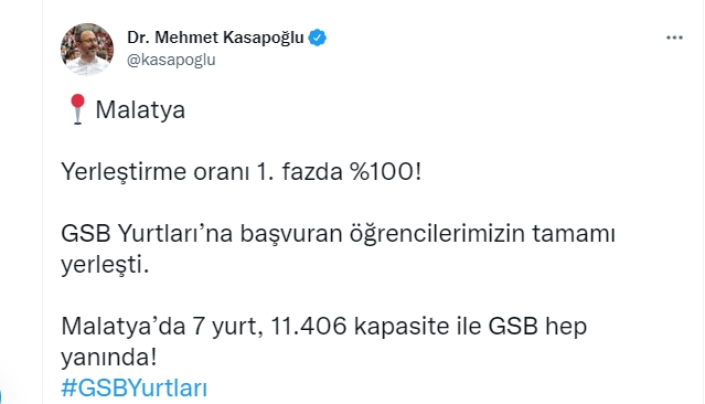 Bakan Açıkladı, “Malatya'daki yurtlar doldu”