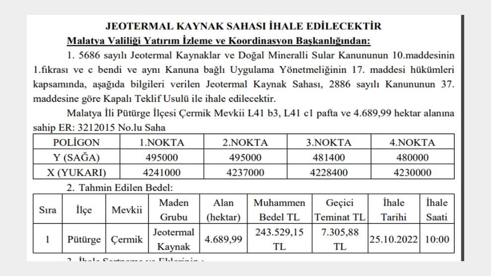 Pütürge ilçesinin Çermik Jeotermal Kaynak ihaleye çıkartıldı