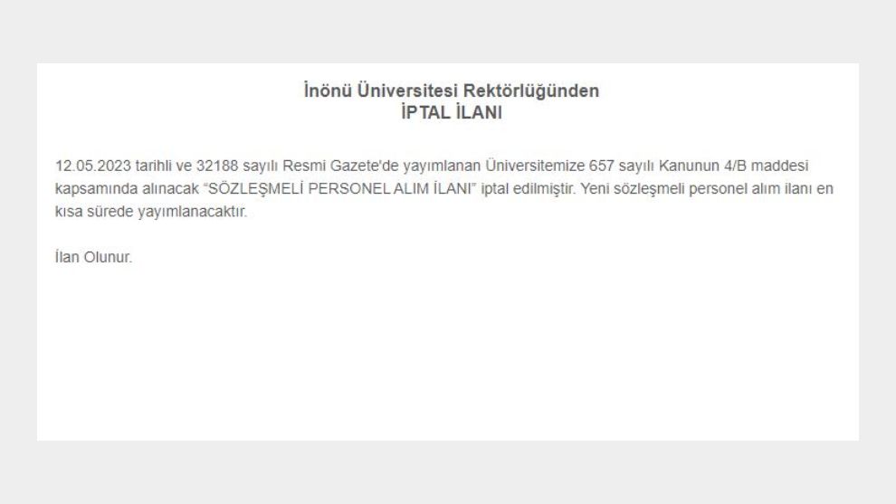 İnönü'ye alınacak 551 sözleşmeli personel ilanı iptal edildi