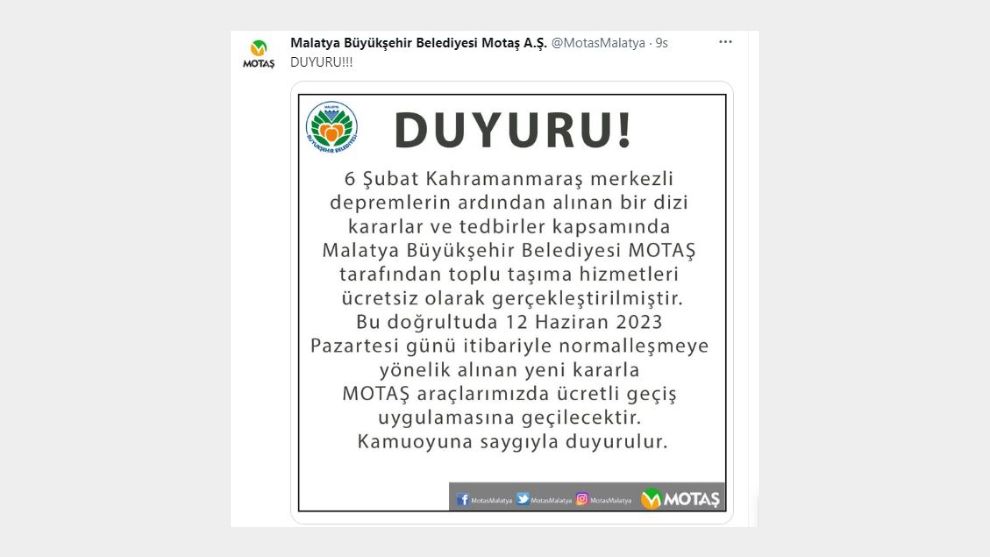 Malatya'da ücretsiz ulaşım dönemi bitiyor