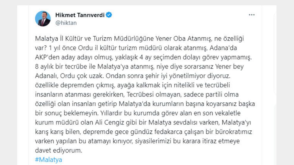 Kültür Müdürü atamasına tepki, “Depremden çıkmış Malatya'ya tecrübeli ve nitelikli atama olmalıydı”