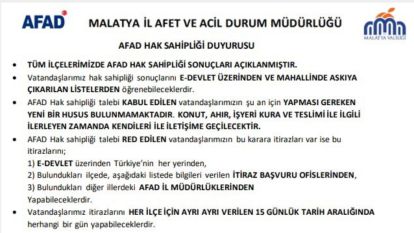 Hak Sahipliği itirazları Battalgazi'de 8 Kasım'da, Yeşilyurt'ta 6 Kasım'da sona eriyor