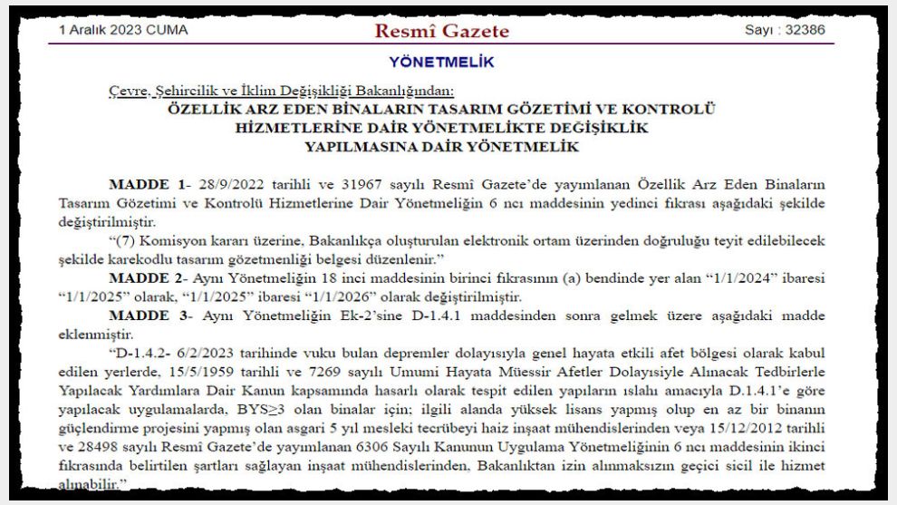 Deprem bölgesindeki yüksek binalar için Tasarım Gözetiminde değişiklik yapıldı