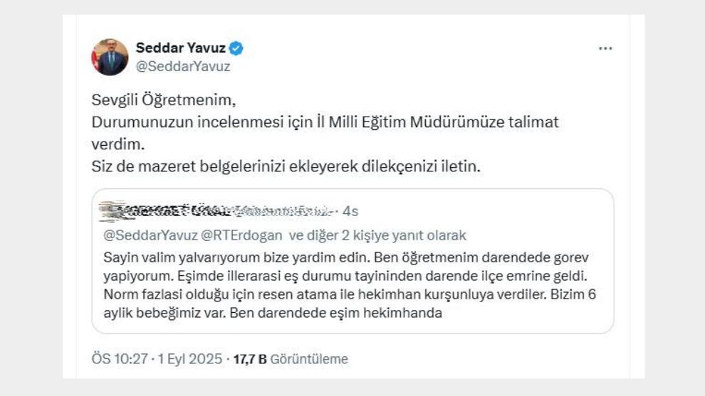 "Bizim 6 aylık bebeğimiz var. Ben Darende'de, eşim Hekimhan'da"